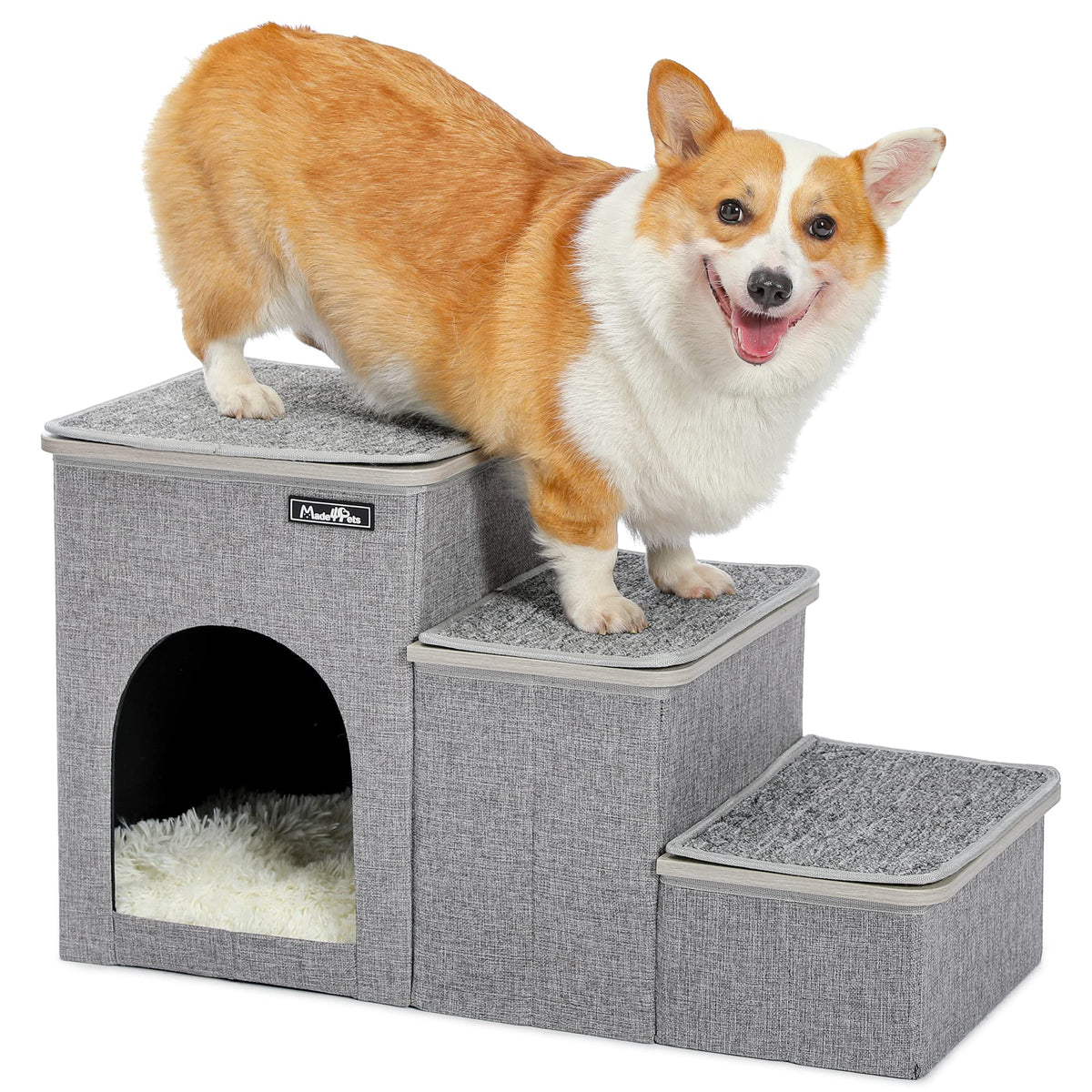 3-Step Foldable Pet Stairs with Storage & Resting Cubby – 20 kg