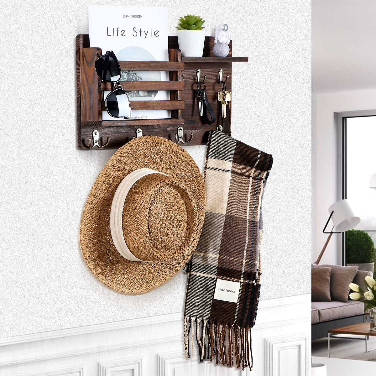 Mail Holder for Wall Mail Organizer with Key Hooks
