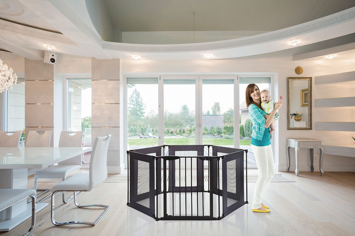Dreambaby Brooklyn Converta 3-in-1 Play-Pen Baby Safety Gate - with 6 Configurable Mesh Sides Panels - Fireguard & Room Divider - Fits Opening up to 3.8m Wide & 74cm Tall - Black - Model F2031BB