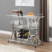 Chrome Stainless Steel & Glass Shelves Bar Cart Holders with 12 Glasses and 11 Wine Bottles, Silver