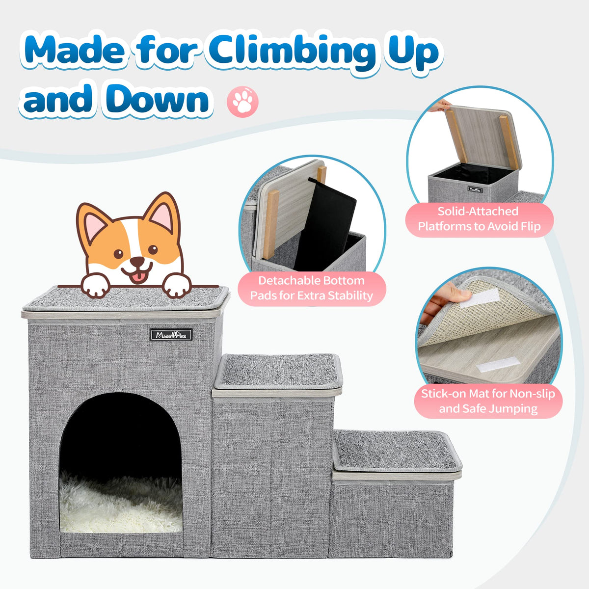 3-Step Foldable Pet Stairs with Storage & Resting Cubby – 20 kg
