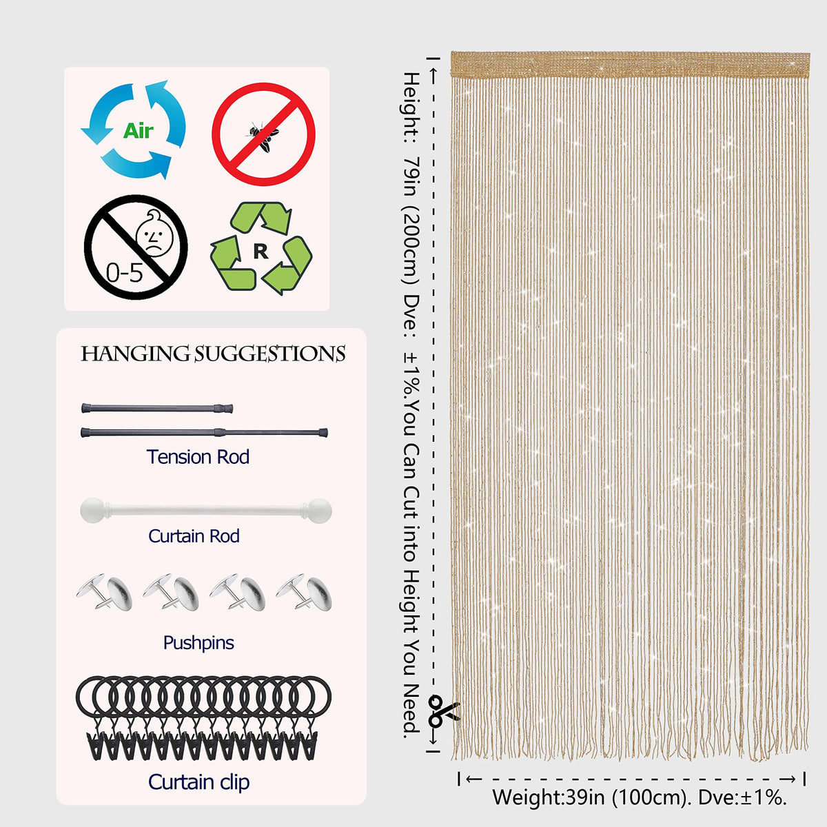100 × 200 cm Champagne String Curtains – 2 Panels
