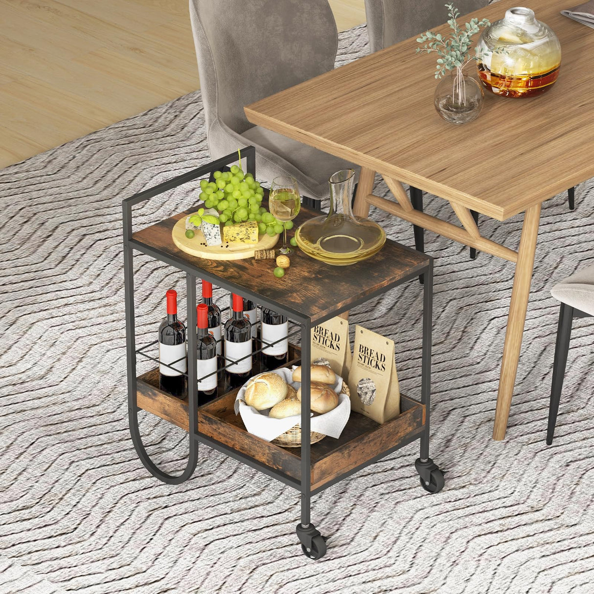 Bar Cart, Liquor Beverage Serving Cart with 6-Bottle Removable Metal Wire Wine Rack, Modern Kitchen Cocktail Cart with Wheels, 2 Tier Kitchen Rolling Bar Carts for Living Room, Rustic Brown