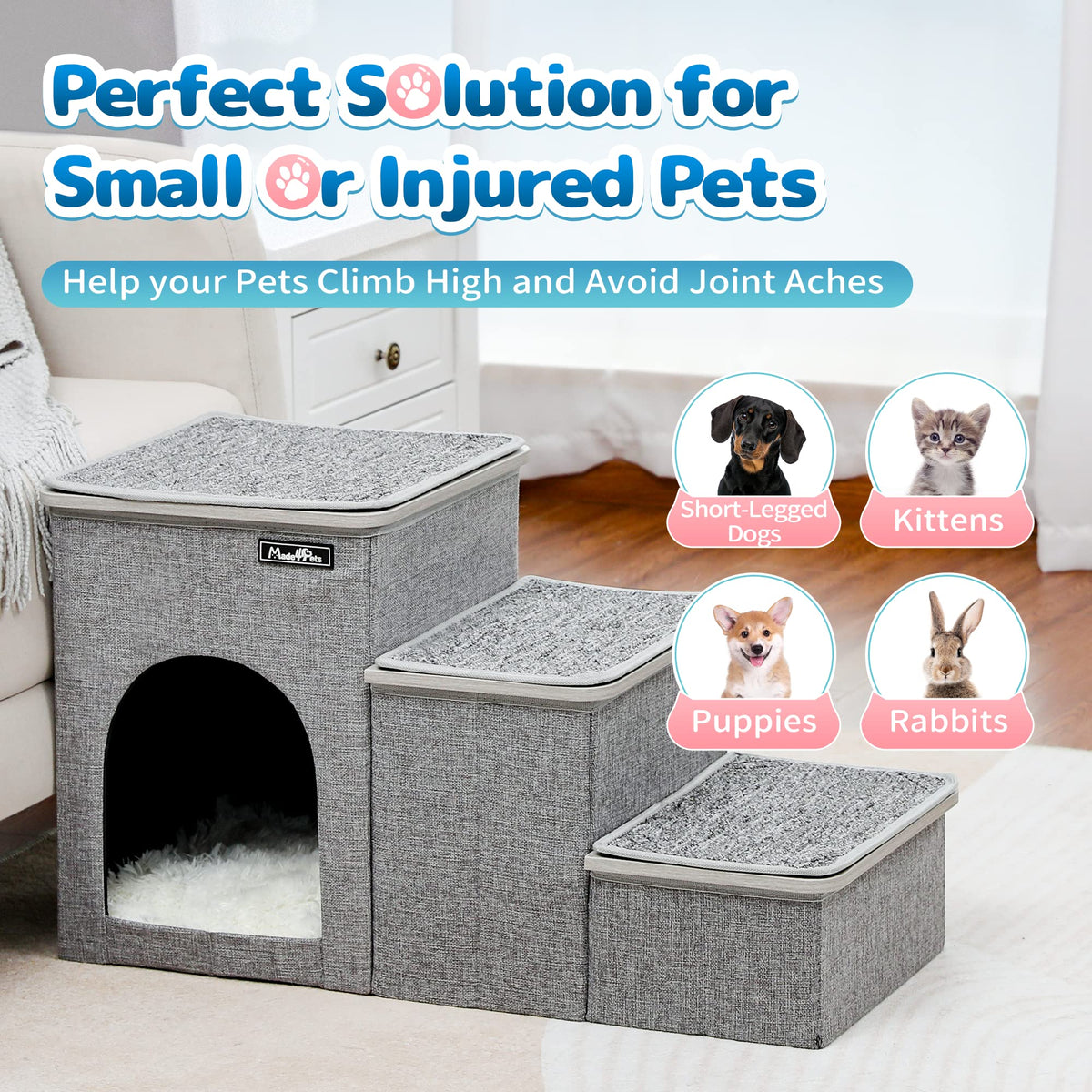 3-Step Foldable Pet Stairs with Storage & Resting Cubby – 20 kg