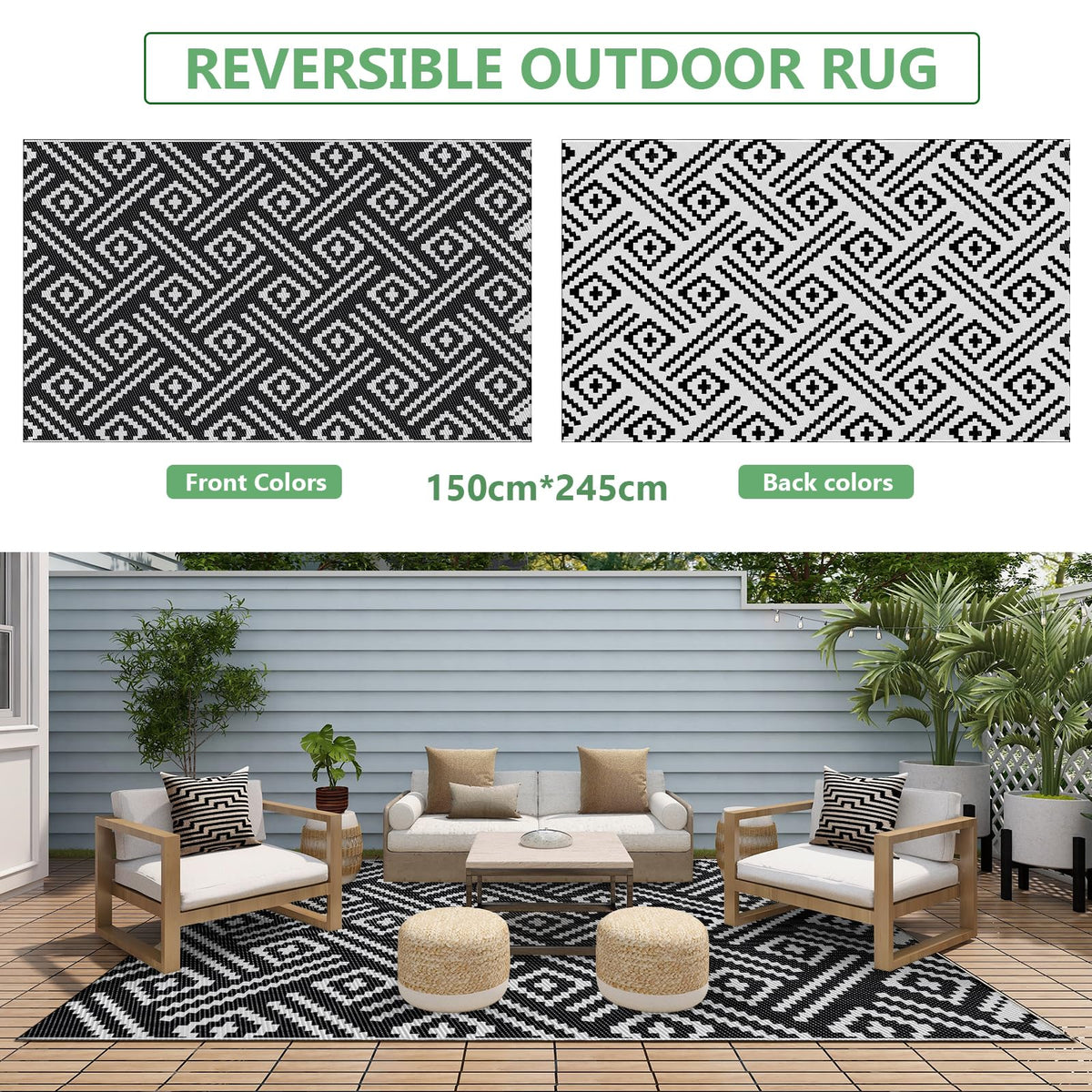 150 × 245 cm Reversible Outdoor Rug with Carry Bag