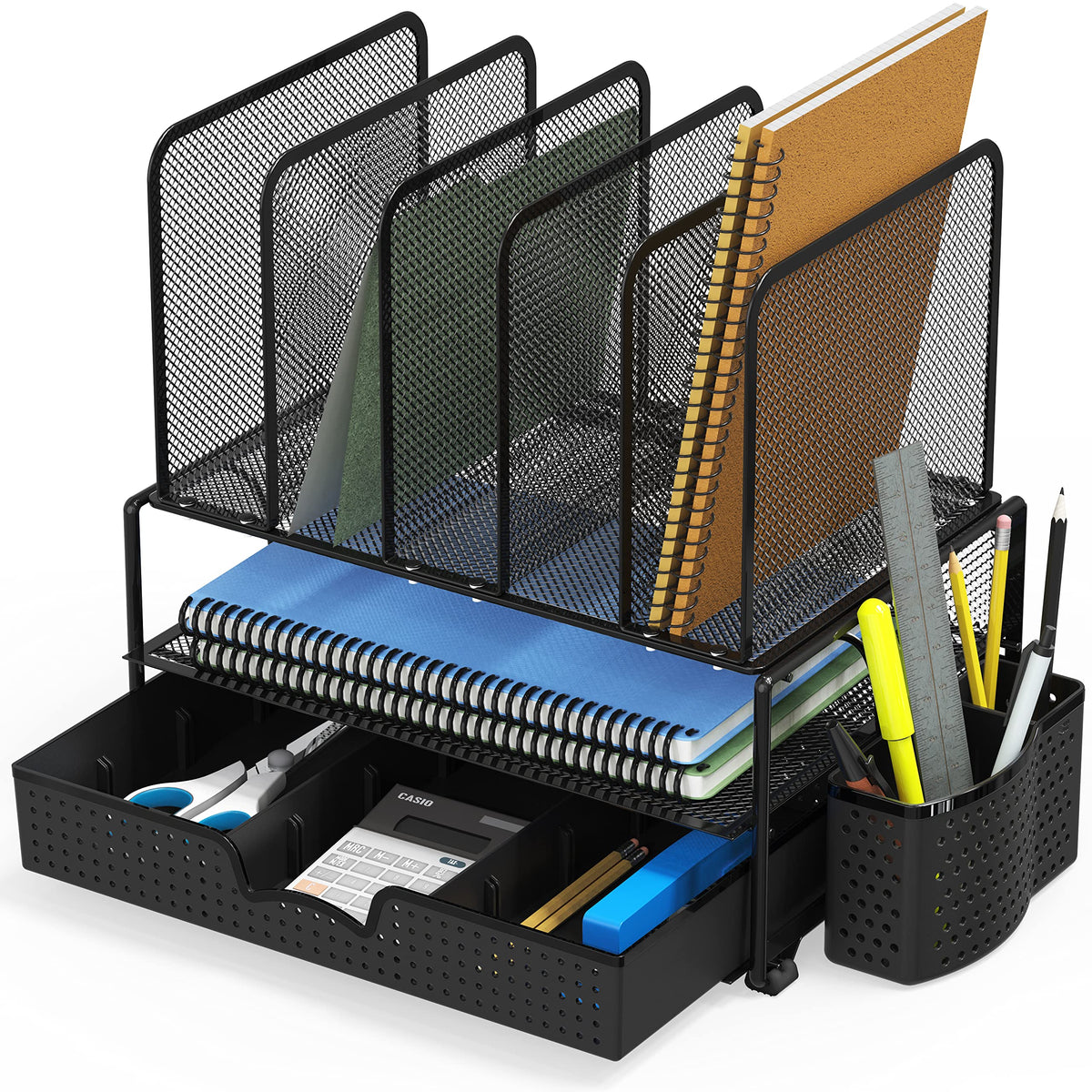 Mesh Desk Organizer with Sliding Drawer, Double Tray and 5 Upright Sections, Black