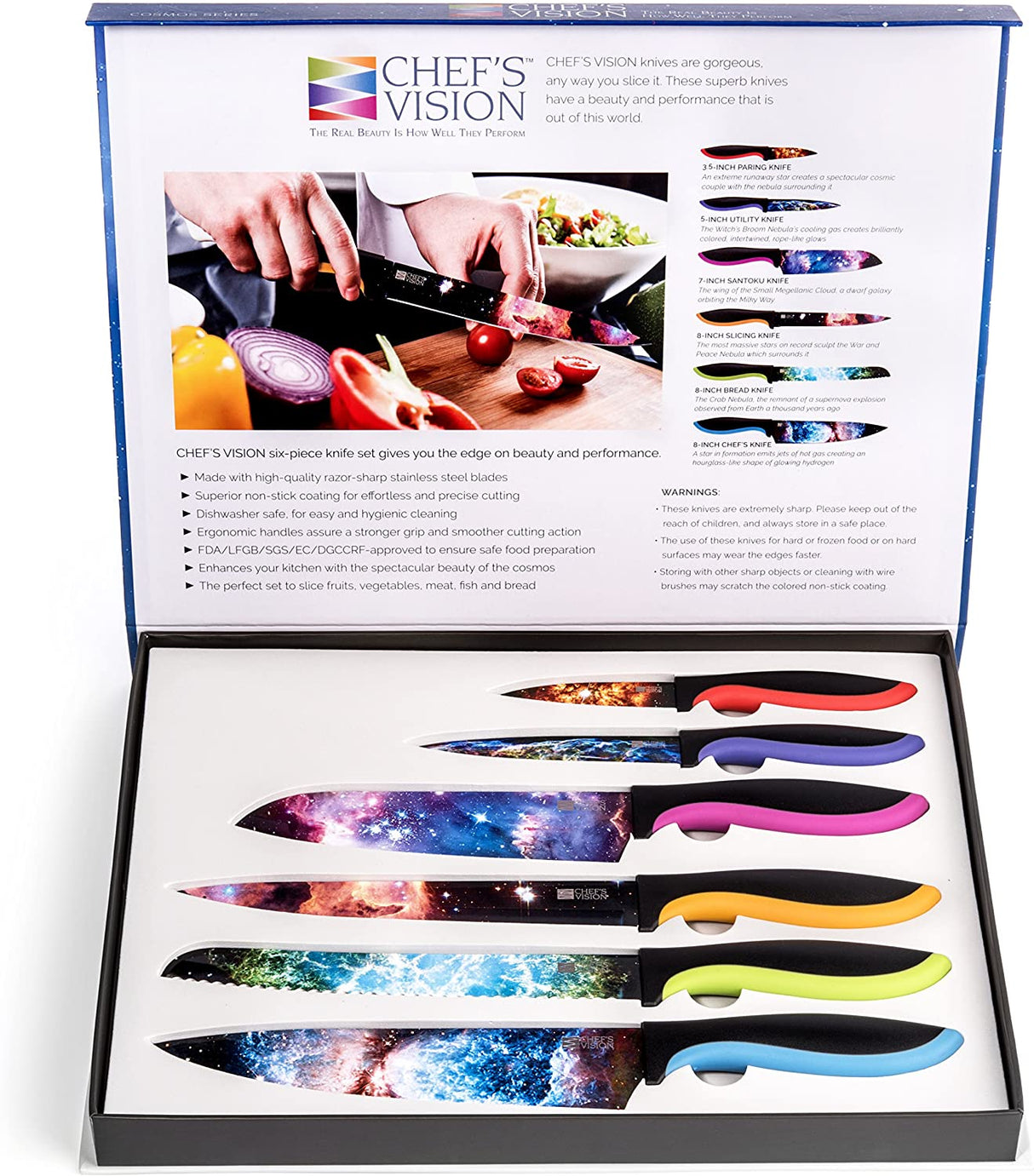 Cosmos Kitchen Knife Set in Gift Box - Color Chef Knives - Cooking Gifts for Husbands and Wives, Unique Wedding Gifts for Couple, Birthday Gift Idea for Men, Housewarming Gift New Home for Women