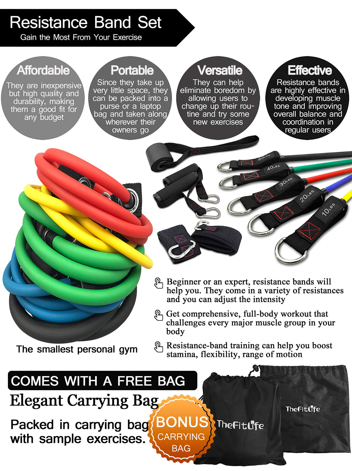 Exercise Resistance Bands with Handles - 5 Fitness Workout Bands Stackable up to 110 - 150 lbs, Training Tubes with Large Handles, Ankle Straps, Door Anchor Attachment, Carry Bag