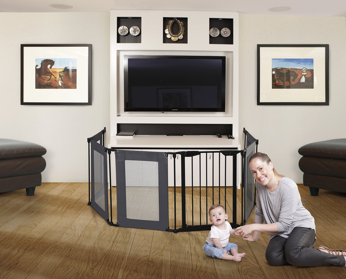 Dreambaby Brooklyn Converta 3-in-1 Play-Pen Baby Safety Gate - with 6 Configurable Mesh Sides Panels - Fireguard & Room Divider - Fits Opening up to 3.8m Wide & 74cm Tall - Black - Model F2031BB