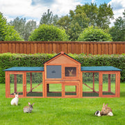 210 cm Fir-Wood Two-Level Small-Animal Hutch with Mesh Run
