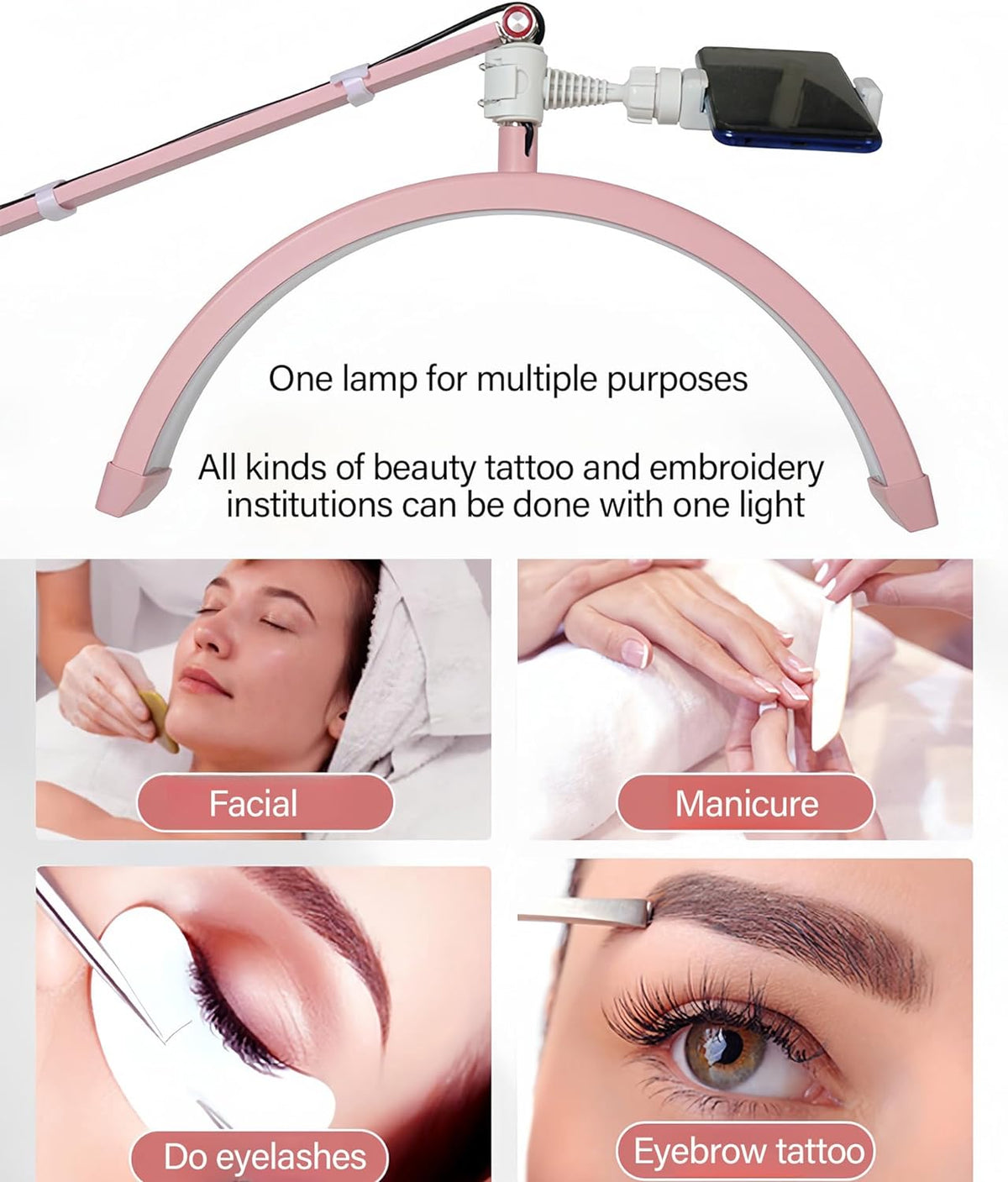 Led Half Moon Nail Desk Lamp,16inch Half Moon Lash Lamp for Lash Extensions,20W Eyelash Light Half Moon with 3 Color Dimmable,Beauty Desk Lamp with Phone Holder for Skincare Beauty Salon (Pink)