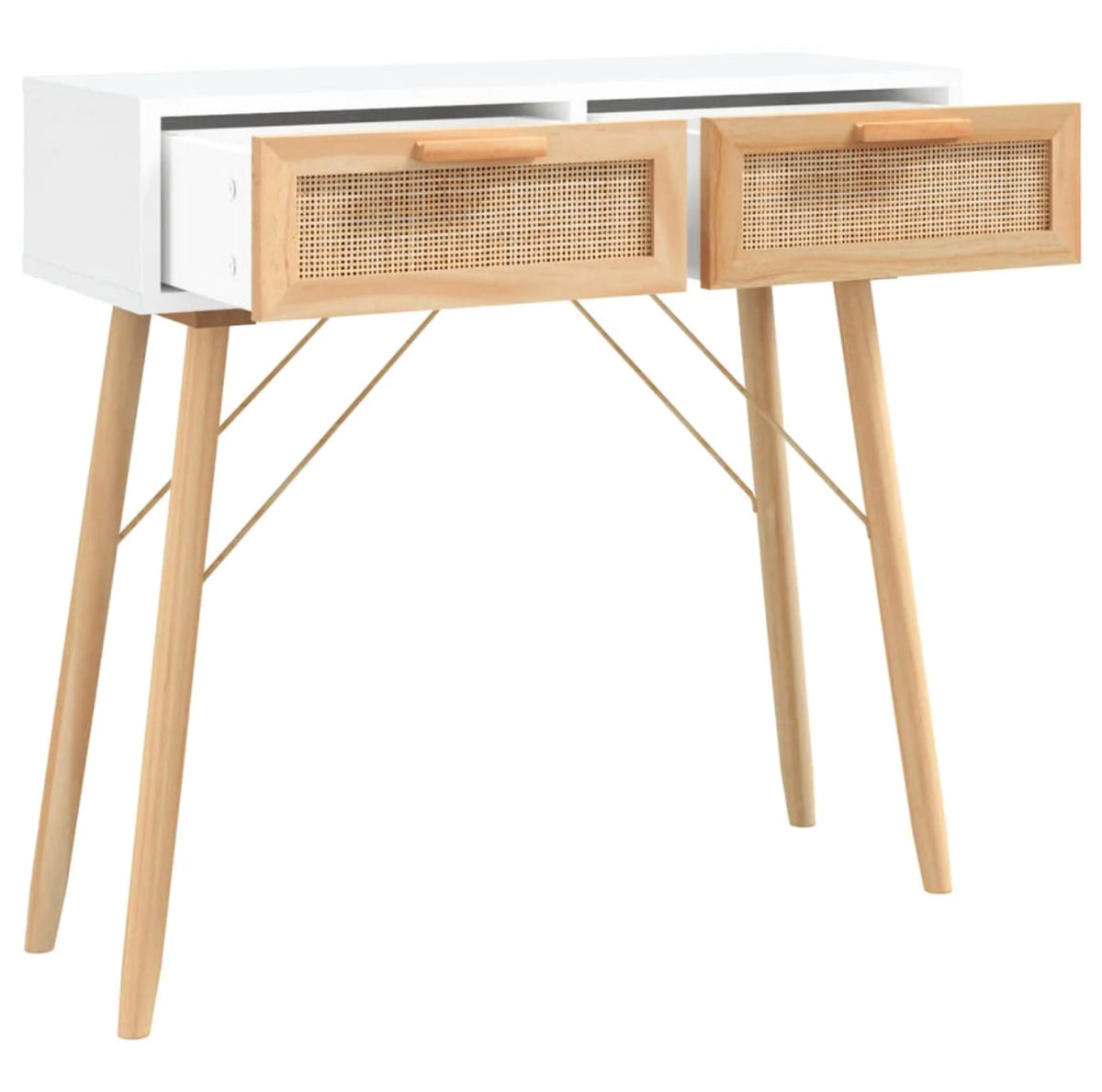 Solid Pine & Natural Rattan Console Table – White, 80 cm