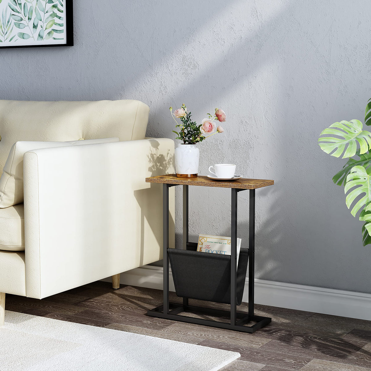 Gadroad Narrow End Side Table, Vintage Sofa Couch Table with Pocket, C Shaped Table for Coffee Snack Laptop, Rustic Brown.