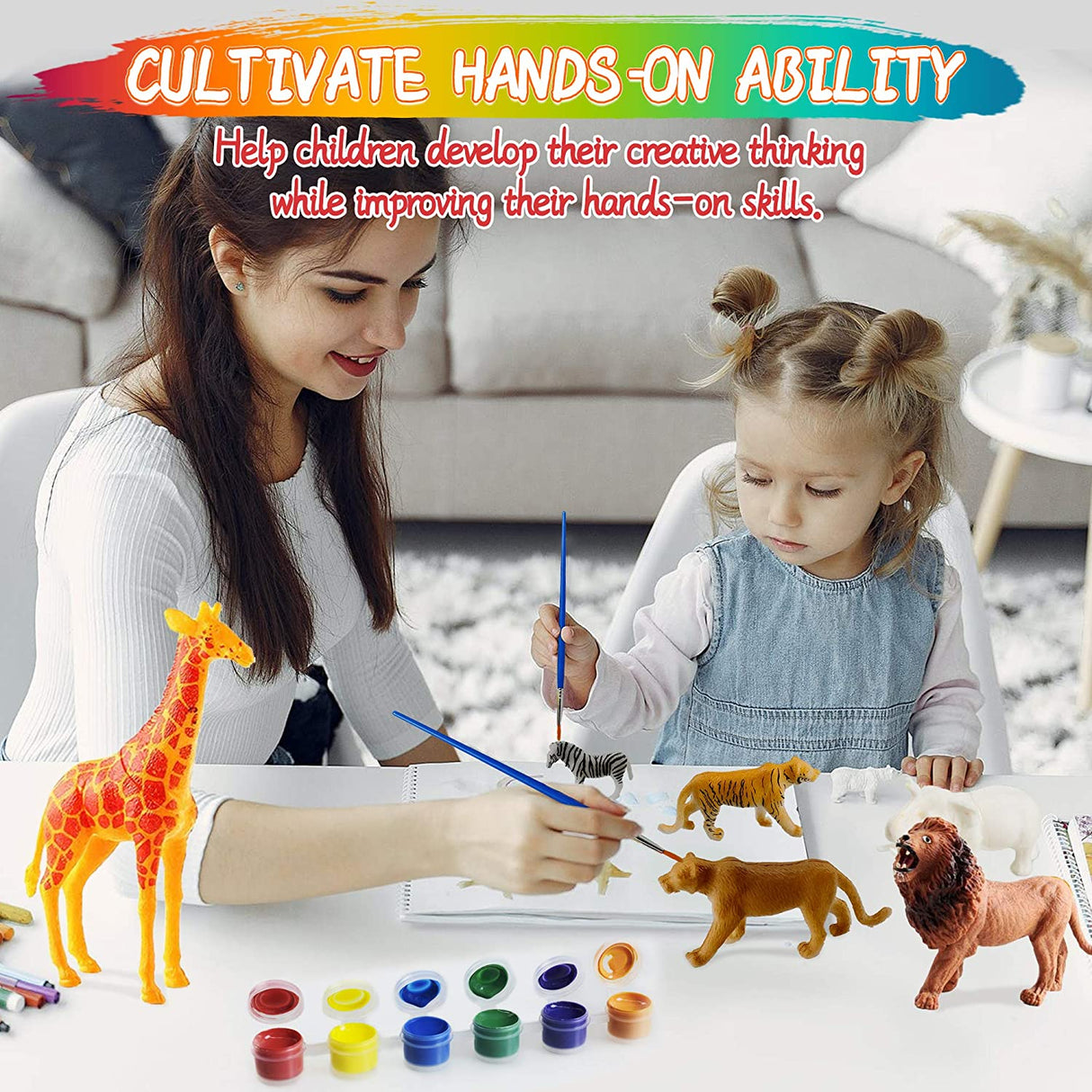 Animals Painting Kits, DIY Animal Crafts and Supplies Set Painting Kit, Giraffe Lion Elephant Modelling, STEM Educational Set Toys for Kids Boys Girls