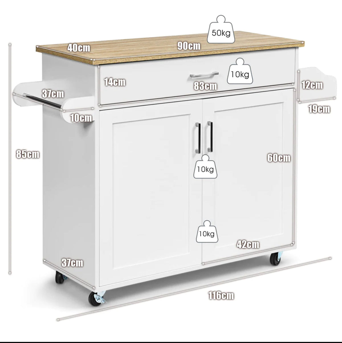 Rolling Kitchen Island with Drawer, Cabinet & Side Racks
