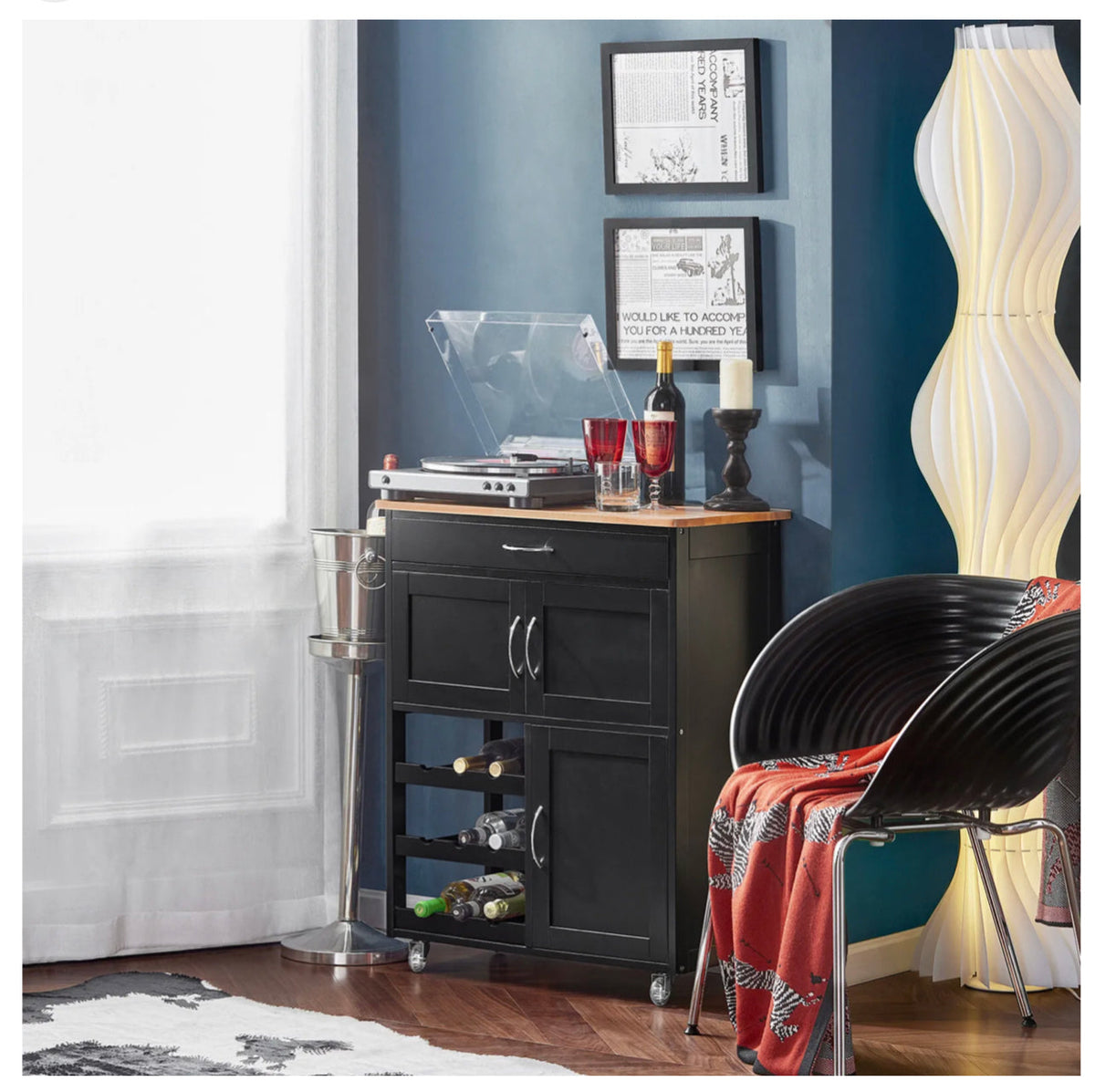 Compact Kitchen Trolley with 3-Bottle Wine Rack