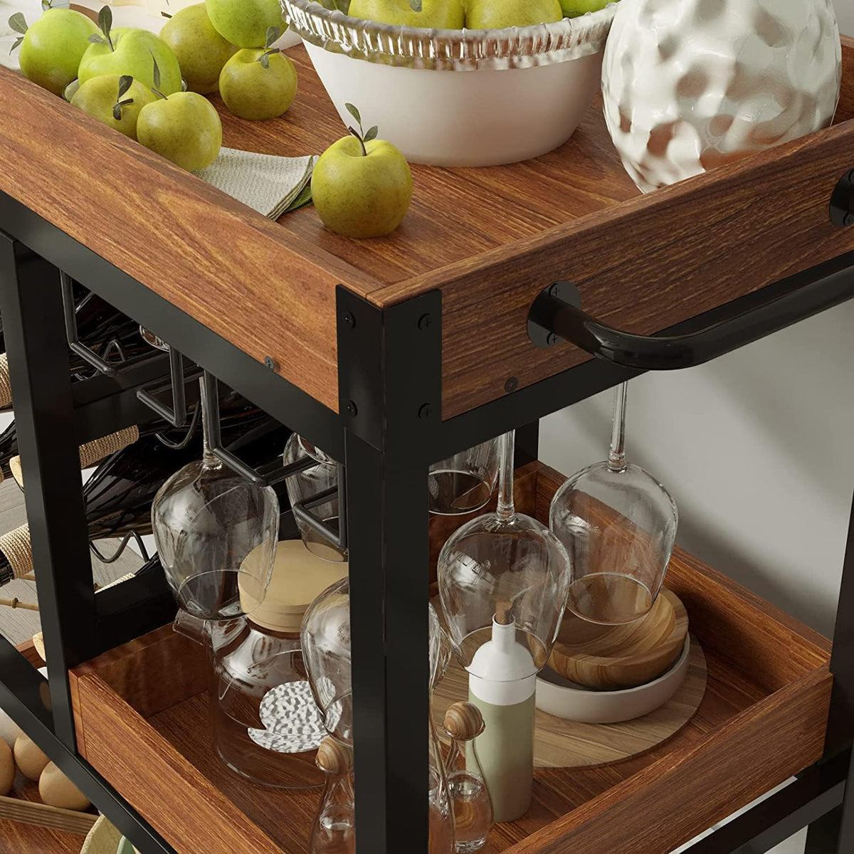 3-Tier Rolling Bar Cart with 12-Bottle Rack & Removable Trays