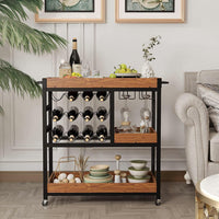 3-Tier Rolling Bar Cart with 12-Bottle Rack & Removable Trays