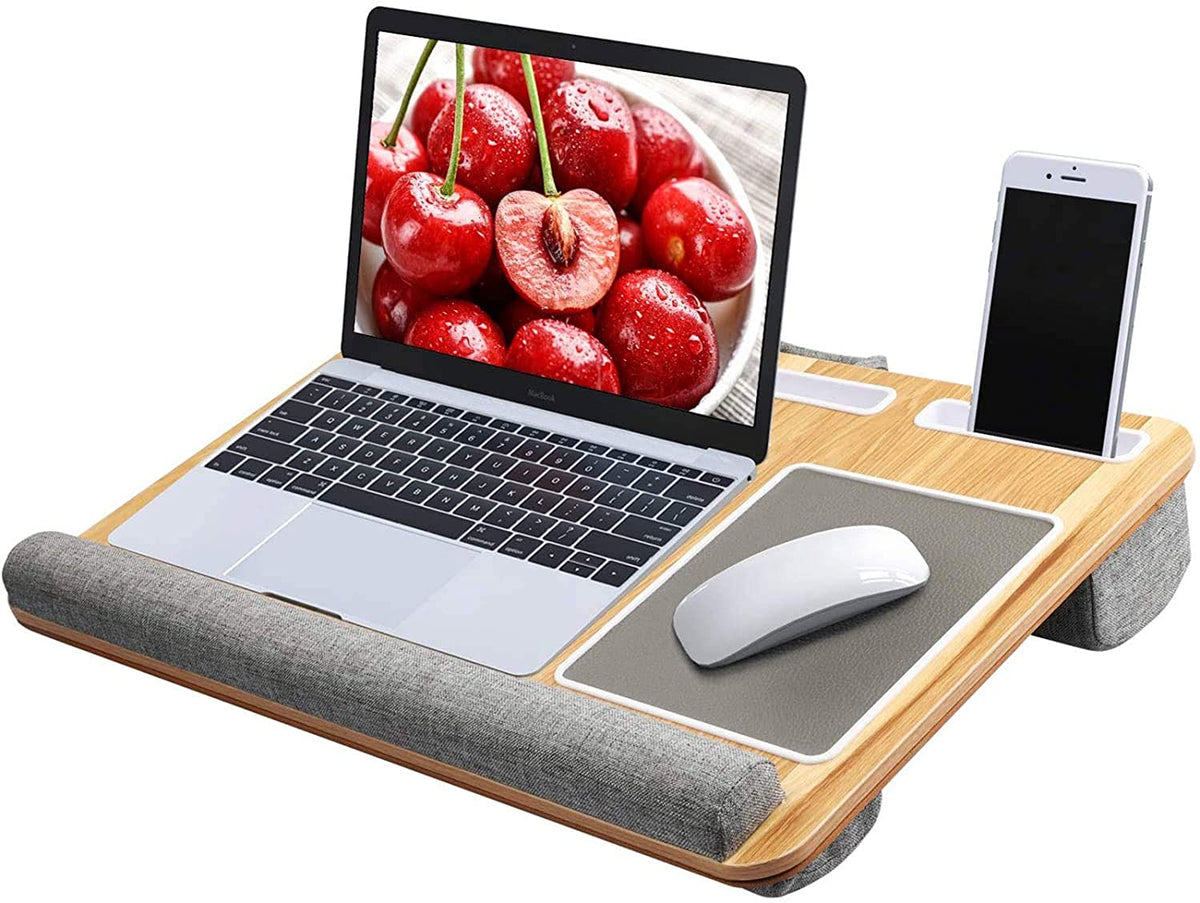 Lap Desk - Fits up to 17" Laptop Desk, Built in Mouse Pad &amp; Wrist Pad for Notebook, MacBook, Tablet, Laptop Stand with Tablet, Pen &amp; Phone Holder (Wood Grain)