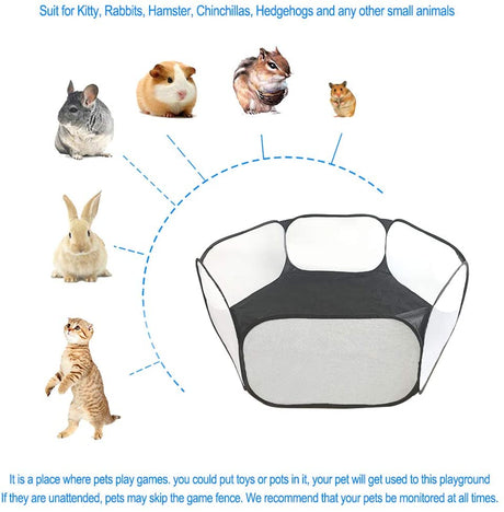Small Animals C&C Cage Tent, Breathable & Transparent Pet Playpen Pop Open Outdoor/Indoor Exercise Fence, Portable Yard Fence for Guinea Pig, Rabbits, Hamster, Chinchillas and Hedgehogs (Black)