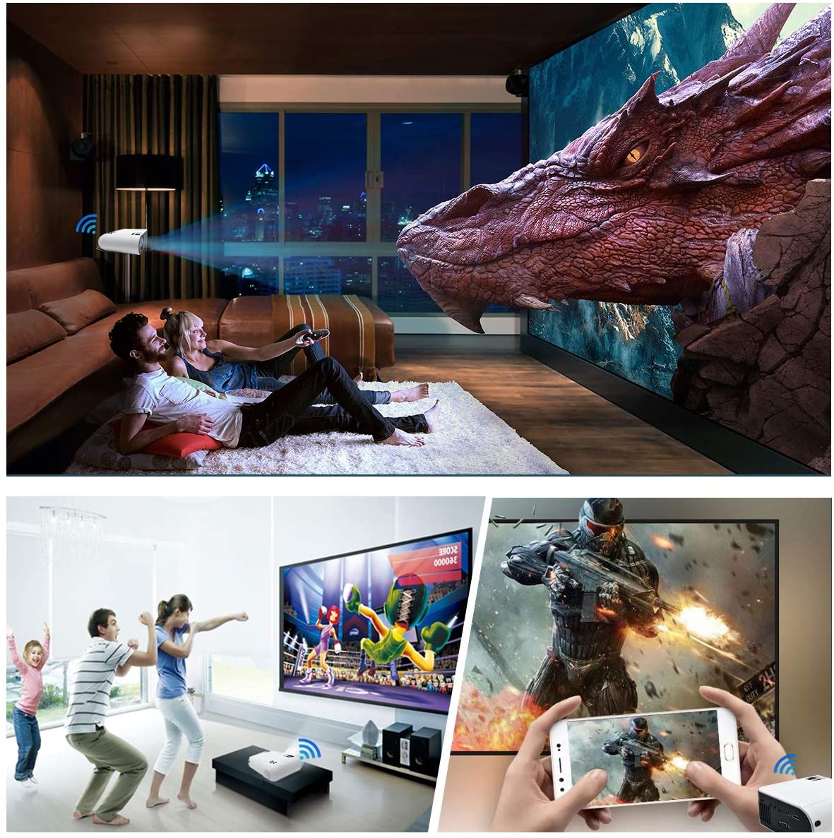 Mini LED Projector Portable 6000 Lumens-WiFi Video Projectors 1080P Full HD For iPhone Samsung Smartphone Wireless Projector HDMI Office Home Theater Movie Connection HDMI/USB/VGA/AV/TF/SD Card (Black)