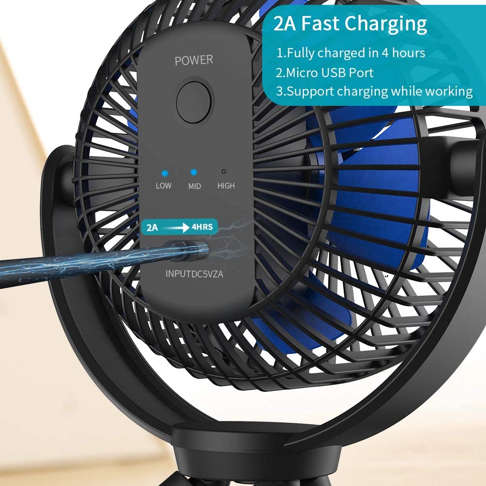 5000mAh Rechargeable Battery Powered Clip Fan with Flexible Tripod, Quieter & Stronger Wind, Personal Portable USB Desk Fan for Golf Cart Stroller Car or Outdoor Camping Tent Beach