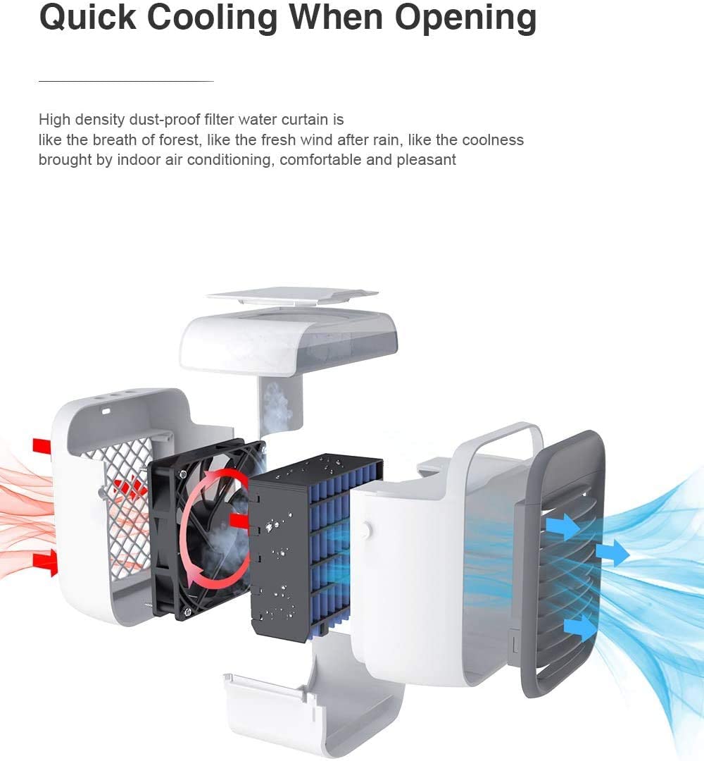 Air Cooler, Personal Water-Cooled Air Conditioner Desktop Water Cooling Fan,with 7 Color Night Ligh, Rechargeable, 3 Wind Speed Adjustable, Humidifier Purifier, Environmental Friendly Air Conditioner, for Summer Home Office Outdoor Camping (Blue)