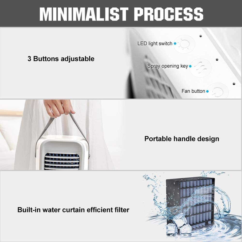 Air Cooler, Personal Water-Cooled Air Conditioner Desktop Water Cooling Fan,with 7 Color Night Ligh, Rechargeable, 3 Wind Speed Adjustable, Humidifier Purifier, Environmental Friendly Air Conditioner, for Summer Home Office Outdoor Camping (Blue)