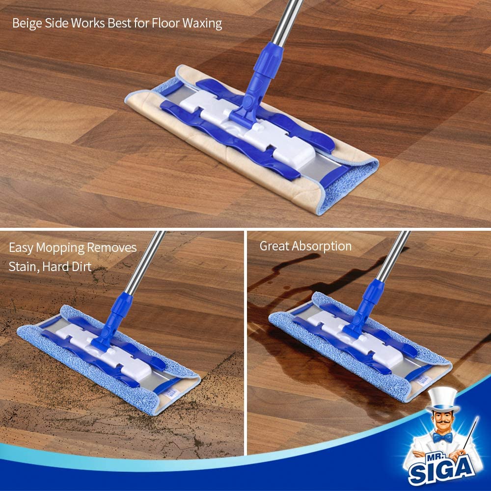 Professional Microfiber Mop, Stainless Steel Handle - Pad Size: 42cm x23cm, 2 Free Microfiber Cloth Refills and 1 Dirt Removal Scrubber included