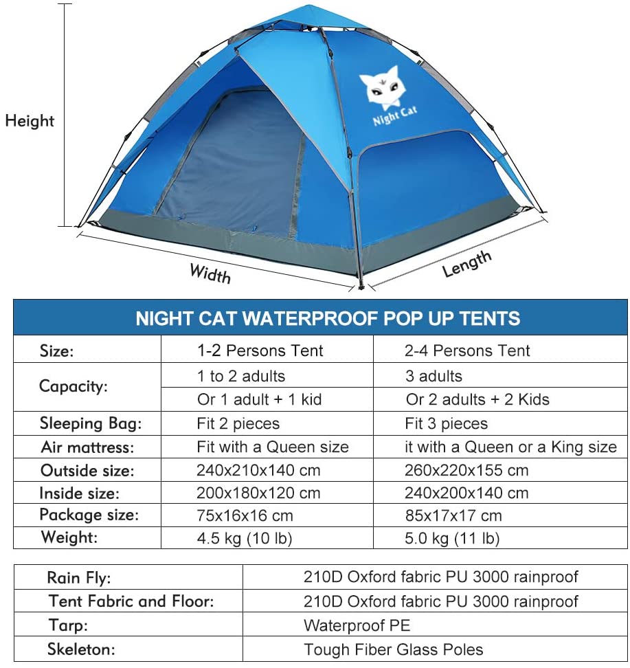 Night Cat Waterproof Camping Tent for 1 2 3 4 Person with Footprint Tarp Easy Instant Pop Up Tent Automatic Hydraulic Rainproof Tent with Rain Fly