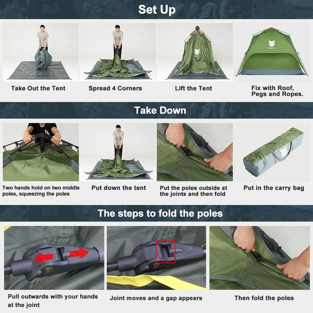 Night Cat Waterproof Camping Tent for 1 2 3 4 Person with Footprint Tarp Easy Instant Pop Up Tent Automatic Hydraulic Rainproof Tent with Rain Fly