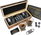 Whiskey Glass Set Gift Box - Cigar Cutter and Whiskey Stones Included - Chilling Stones Gift Set - Scotch Bourbon Glasses Bar Accessories - Reusable Ice Cubes - Unique Gifts for Men