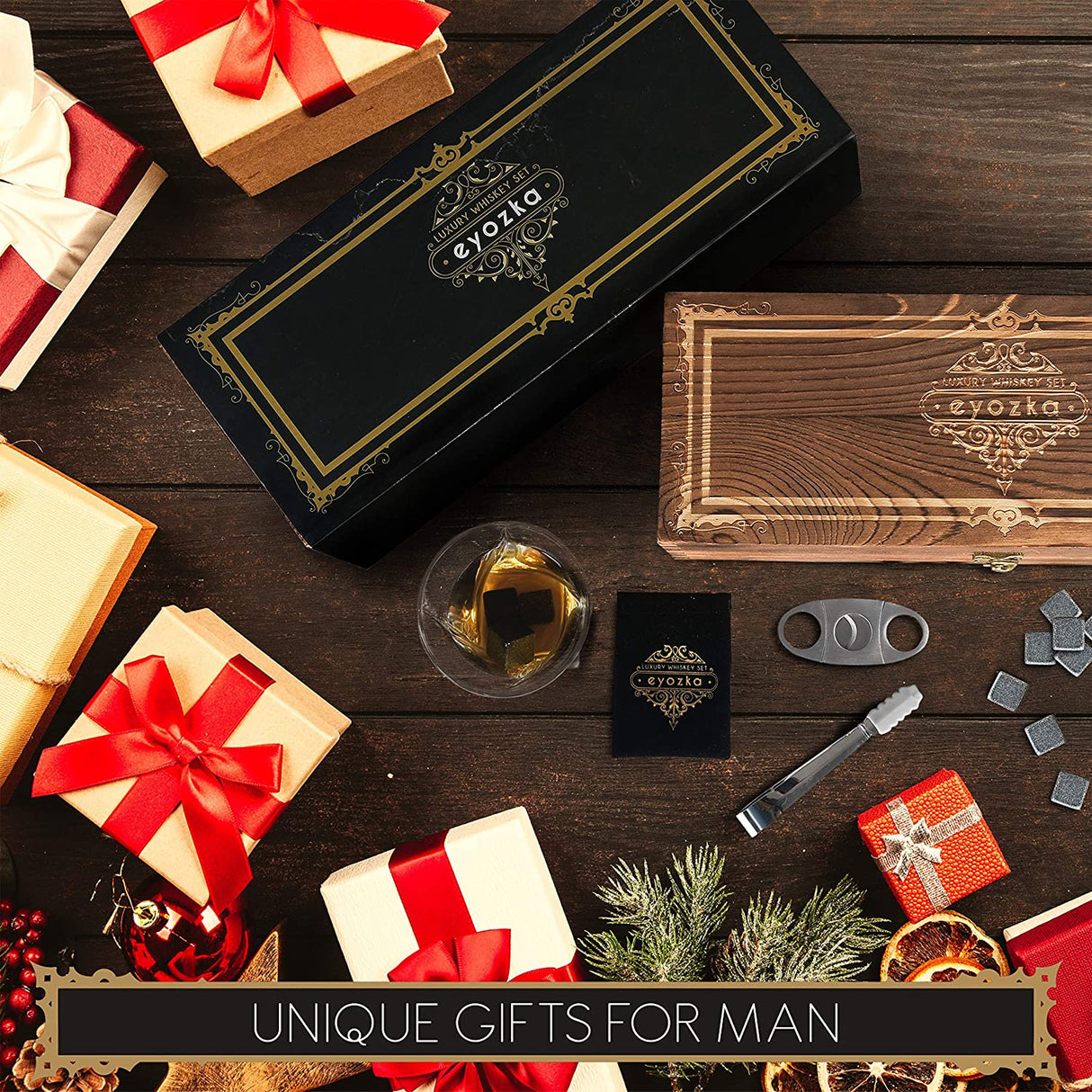 Whiskey Glass Set Gift Box - Cigar Cutter and Whiskey Stones Included - Chilling Stones Gift Set - Scotch Bourbon Glasses Bar Accessories - Reusable Ice Cubes - Unique Gifts for Men