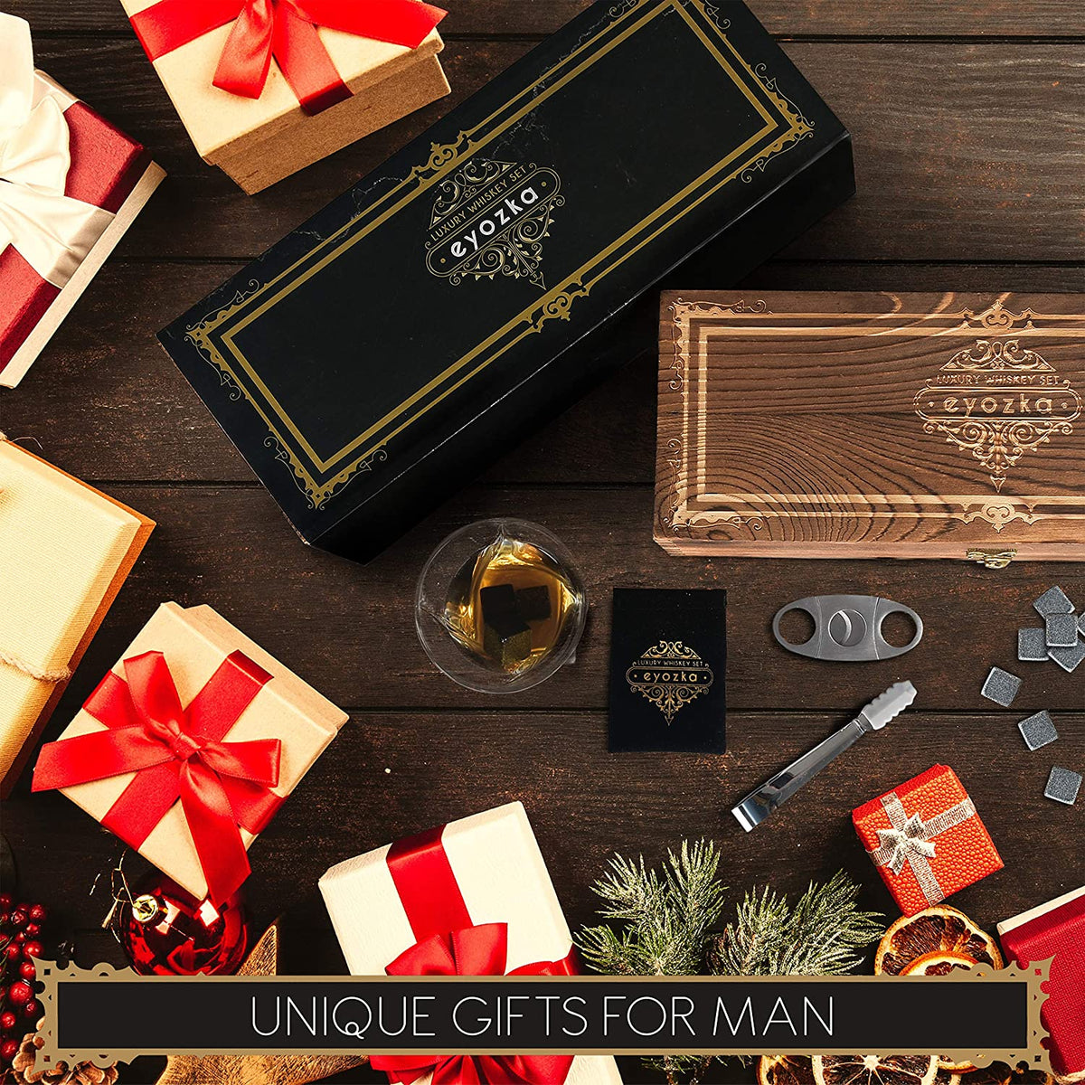 Whiskey Glass Set Gift Box - Cigar Cutter and Whiskey Stones Included - Chilling Stones Gift Set - Scotch Bourbon Glasses Bar Accessories - Reusable Ice Cubes - Unique Gifts for Men