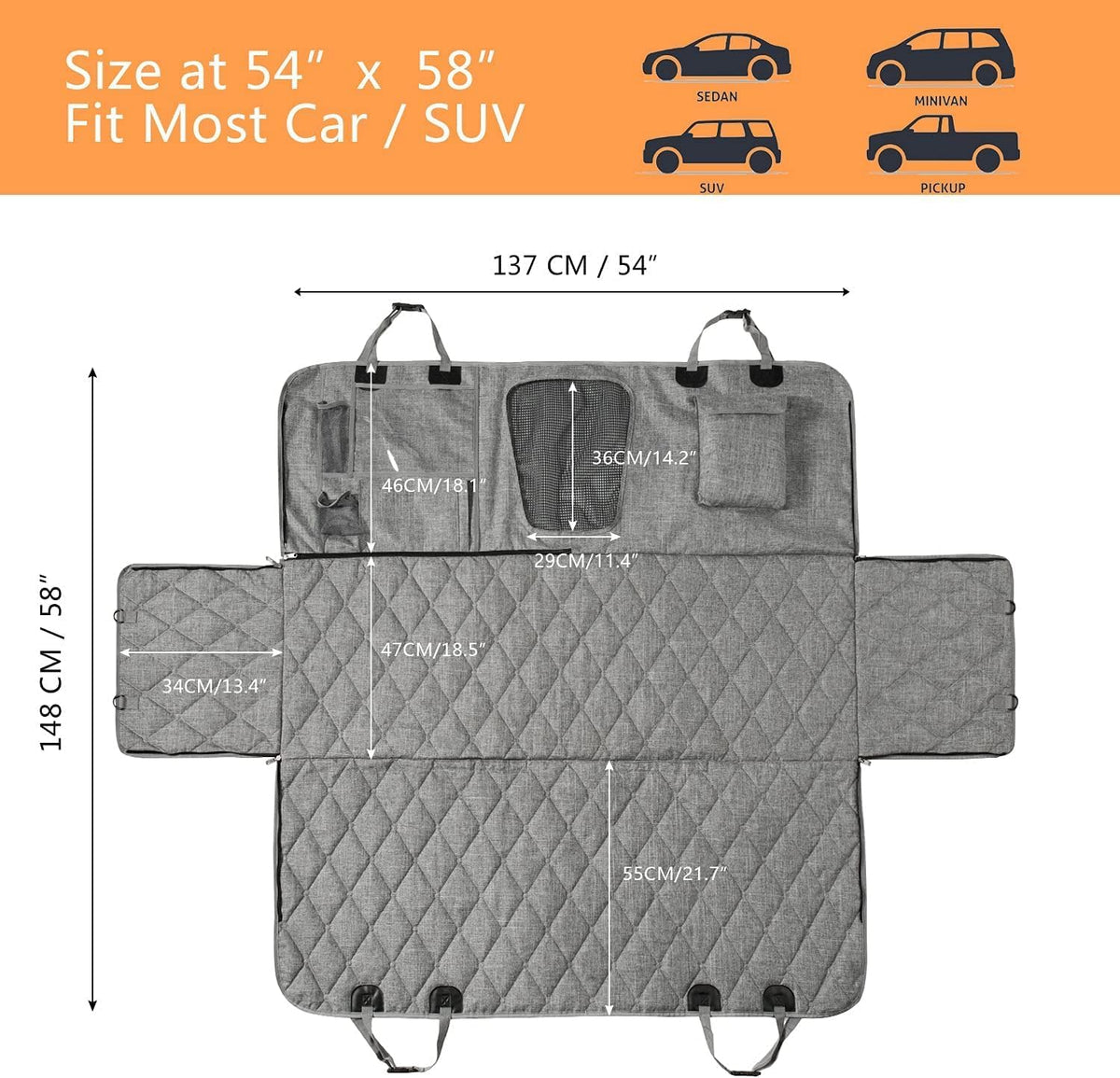 6-in-1 Grey Dog Car Hammock – 137 × 147 cm