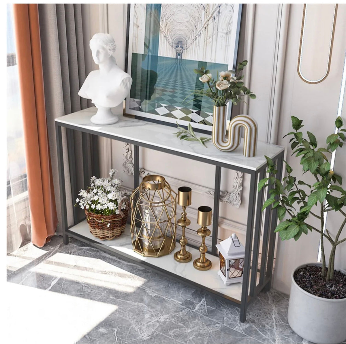 Marble-Stone Console Table with Open Shelves