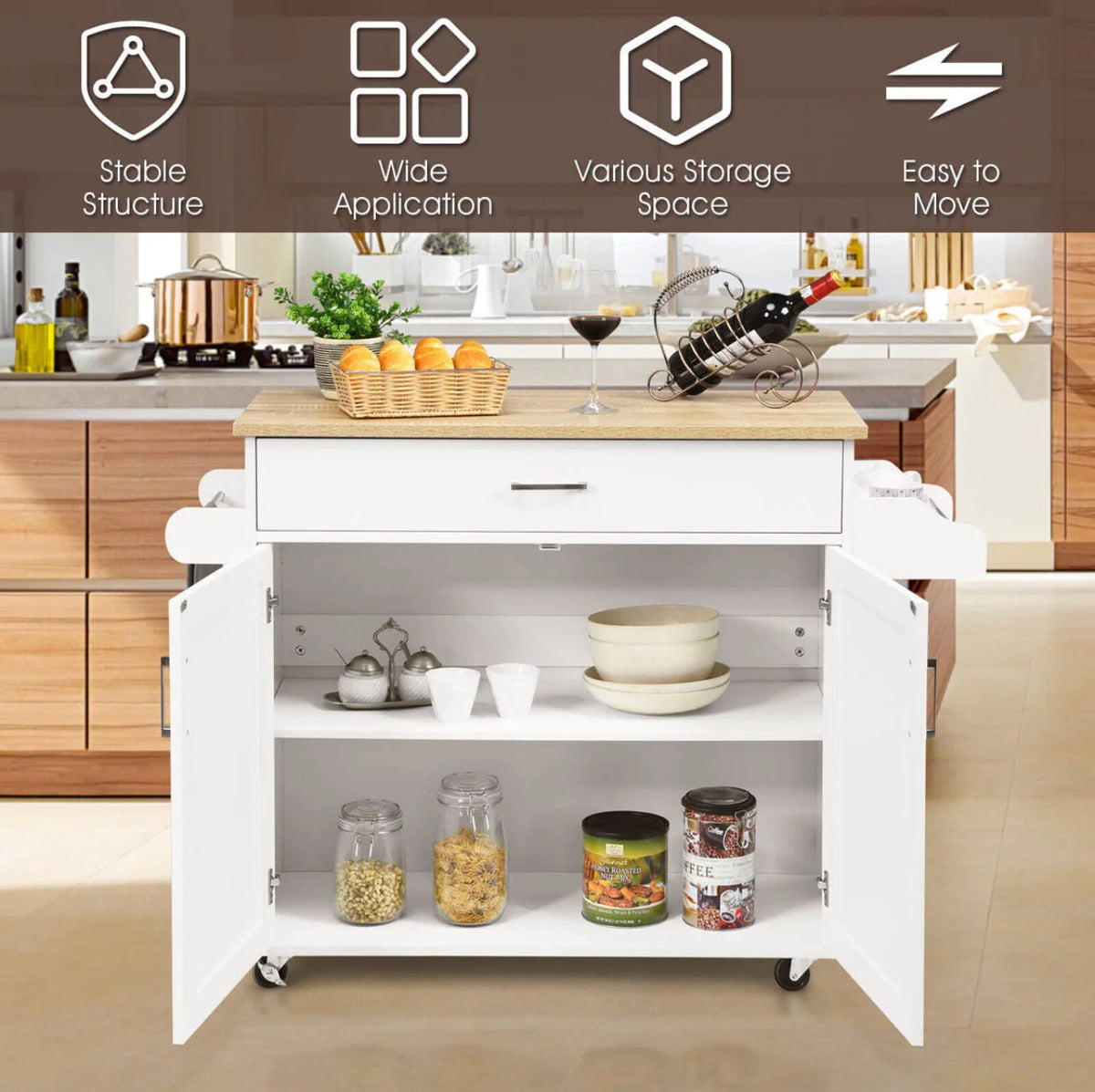 Rolling Kitchen Island with Drawer, Cabinet & Side Racks