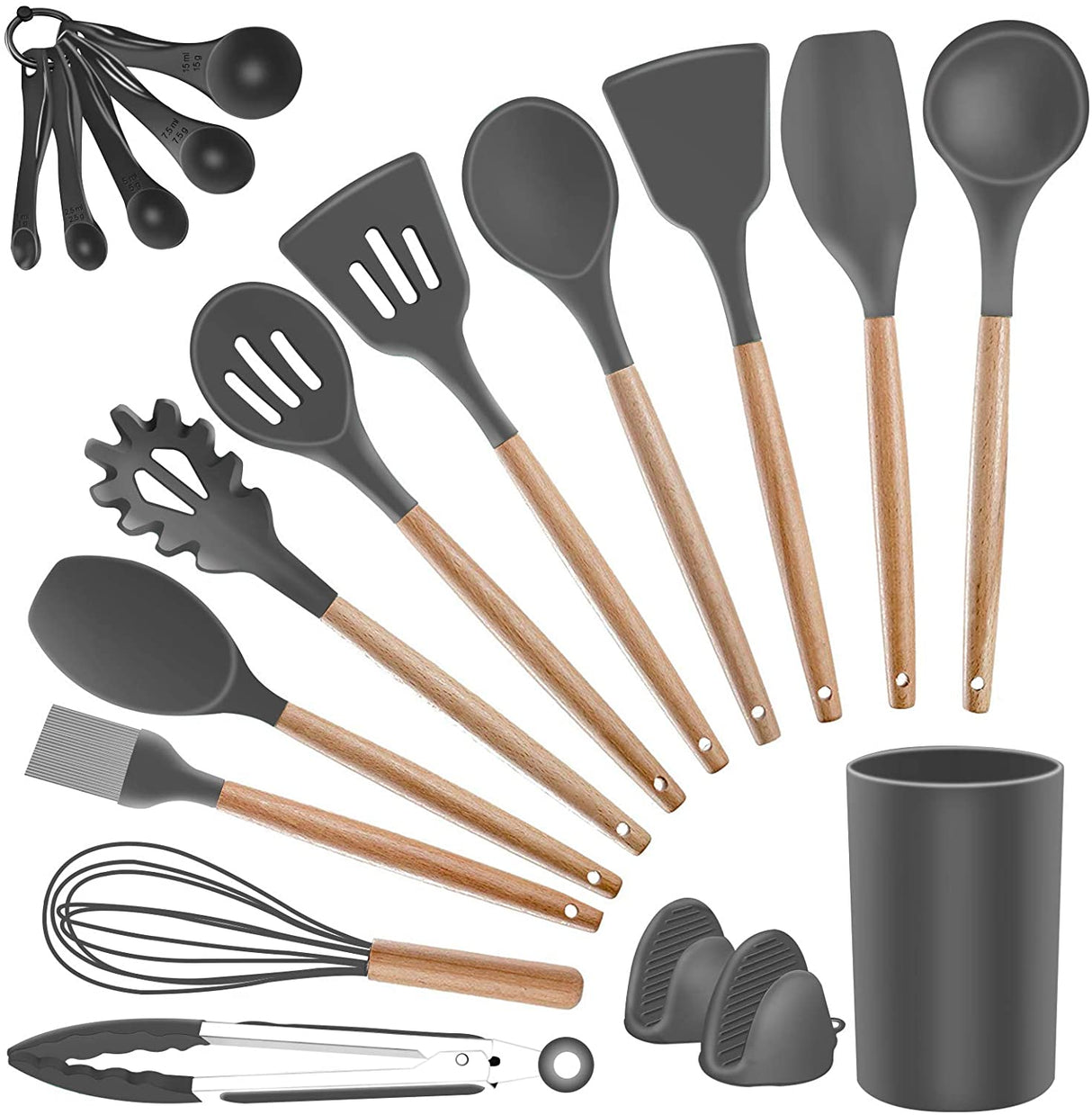 Kitchen Utensil Set Silicone Cooking Utensils - SZBOB 19pcs Kitchen Utensils Tools Wooden Handle Spoons Silicone Utensil Set Spatulas Set Cookware Turner Tongs Whisk Kitchen Gadgets with Holder
