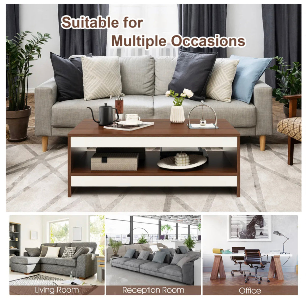 2-Tier Wooden Coffee Table with Storage Shelf