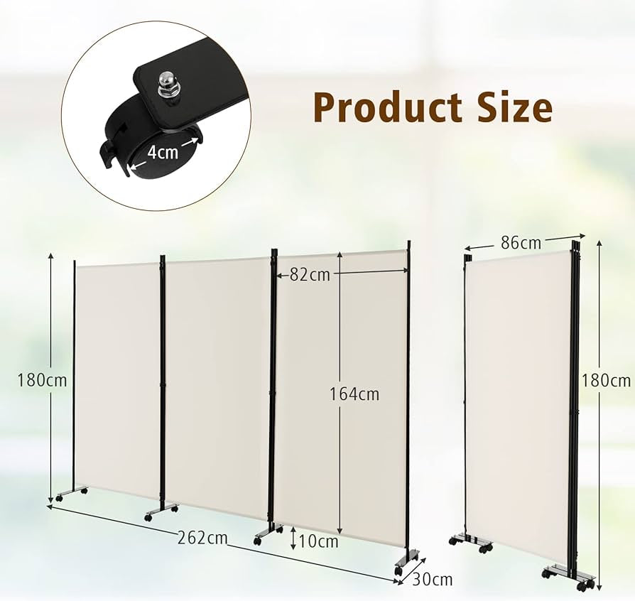 262 × 180 cm 3-Panel Rolling Room Divider – 4 Colours