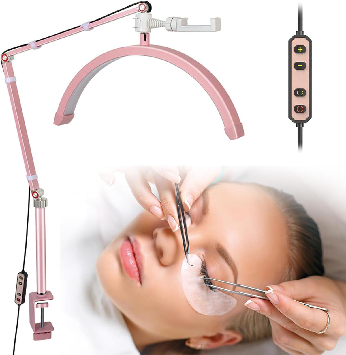 Led Half Moon Nail Desk Lamp,16inch Half Moon Lash Lamp for Lash Extensions,20W Eyelash Light Half Moon with 3 Color Dimmable,Beauty Desk Lamp with Phone Holder for Skincare Beauty Salon (Pink)