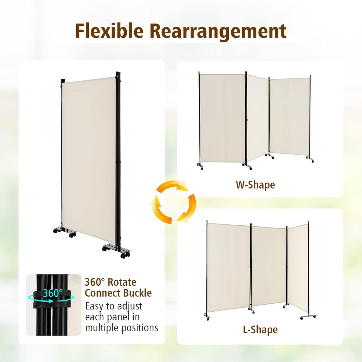 262 × 180 cm 3-Panel Rolling Room Divider – 4 Colours