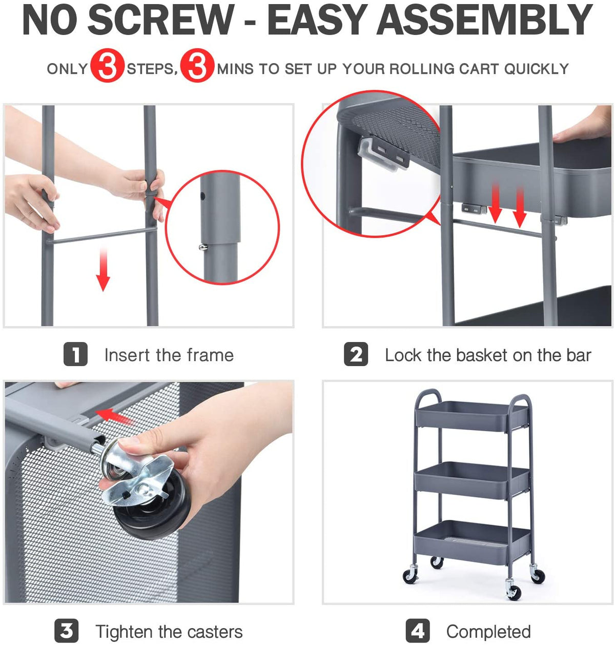 Grey 3-Tier Boltless Rolling Utility Cart