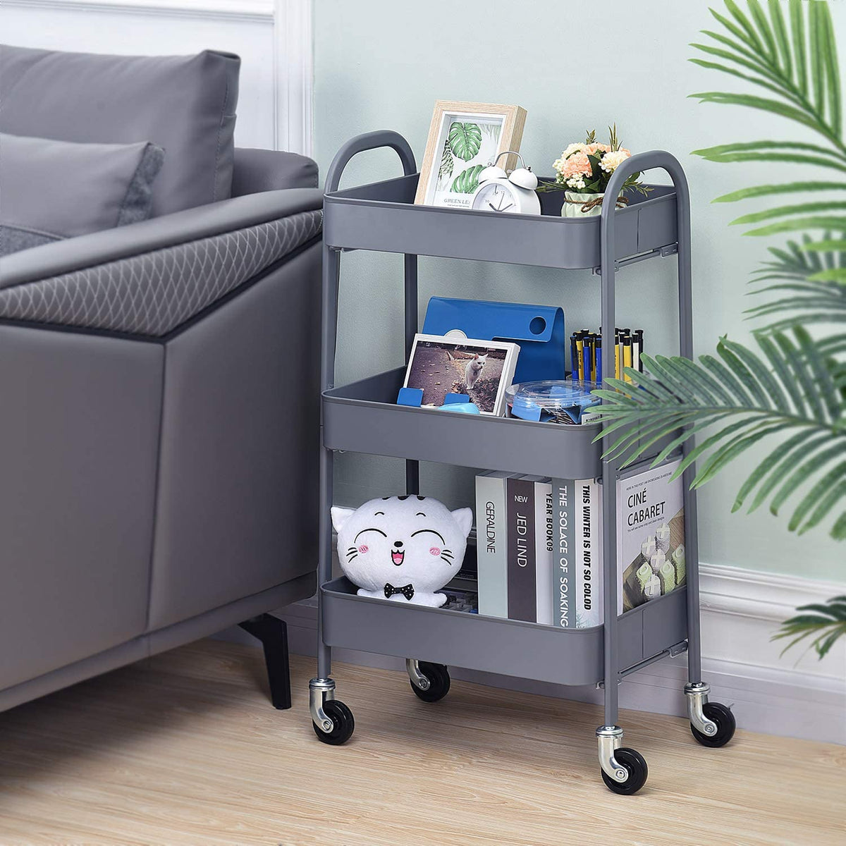Grey 3-Tier Boltless Rolling Utility Cart