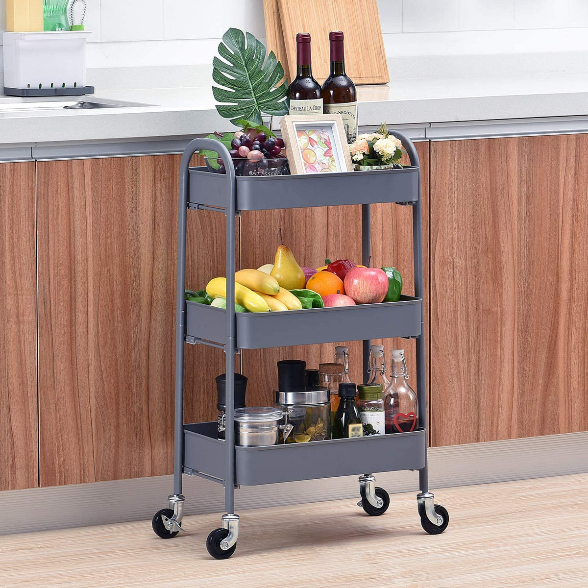 Grey 3-Tier Boltless Rolling Utility Cart