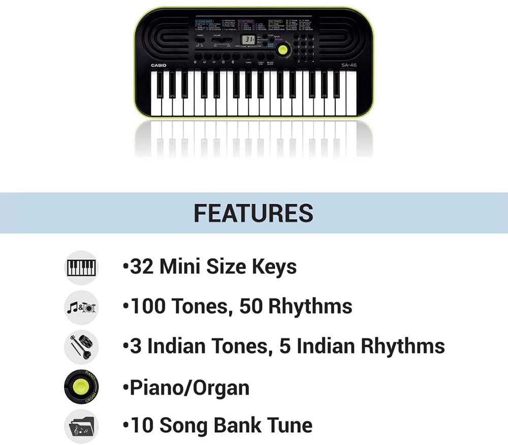 Casio 32 Note Mini Key Musical Portable Keyboard, Black/Green, (SA46)