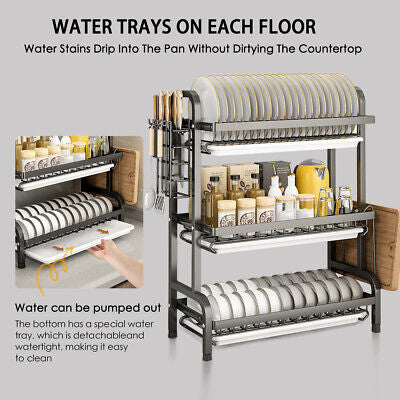 3 Tier Kitchen Dish Rack Plate Cup Drying Drainer Tray Cutlery Holder Storage
