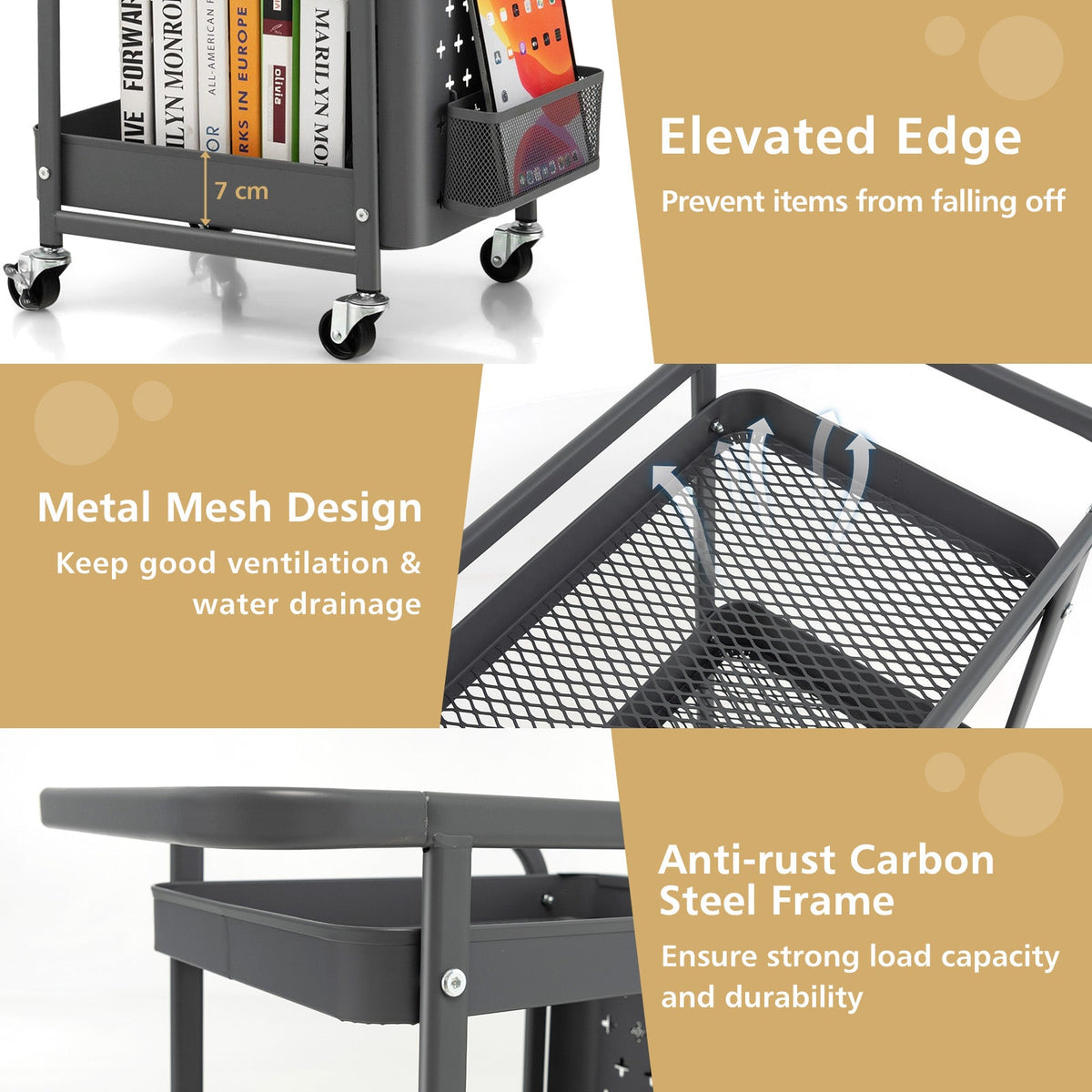 3-Tier Pegboard Rolling Storage Cart