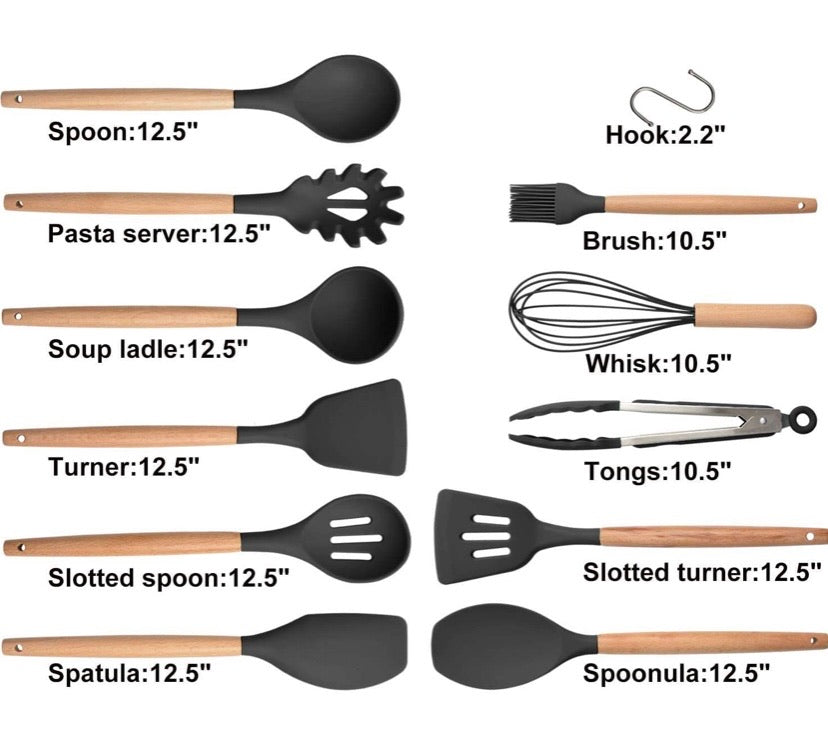 Silicone Kitchen Utensil Set, Cooking Spatulas Soup Ladle Slotted Spoon Turner Pasta Server Basting Brush Tongs Whisk Wooden Handle Heat Resistant Cookware Non-Stick Kitchen Gadgets Tools 12 Pcs
