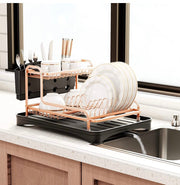 Dish Drying Rack, Aluminium Rust Proof Dish Rack and Drainboard Set with Removable Cutlery Holder and 360 Swivel Spout Drain Board for Kitchen Counter (Rose Gold, 2 Tier)